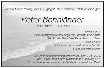 Traueranzeige von Peter Bonnlaender von Pegnitz-Zeitung